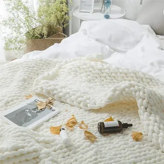 CULASIGN Gestrickte Decke, Grobe Strickdecke Wolle Garn Arm Stricken werfen Super große klobige Stricken Decke Haustier Bett Stuhl Sofa Yoga Matte Teppich (Weiß,100 * 120cm)