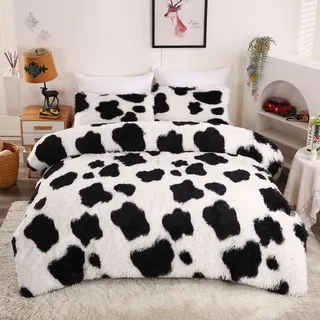 chovy 3-teiliges Bettwäsche-Set mit Kunstfell, Batikdruck, Kuh-Druck, 3-teilig, ultraweich, Plüsch, Flanell, Samt, flauschig, flauschig, flauschig, flauschig, flauschig, 3-teilig