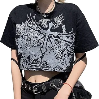 Sawmew Damen Frauen Punk Goth Crop Top Lässiger Grafikdruck E-Girl Korsett Crop Tank Top Shirt Y2K Streetwear für Mädchen