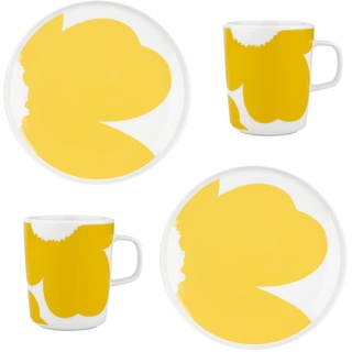 Marimekko - Oiva Iso Unikko Teller & Becher, Ø 25 cm & 250 ml, weiß / spring yellow (4er-Set)
