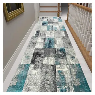 Siunwdiy Teppich Läufer Flur Küche rutschfest waschbar Teppichläufer 110X320CM Lang Grau Blau Muster Küchenläufer Meterware Korridor Tepiche Kücheteppich Schlafzimmer Wohnzimmer Flurmatten