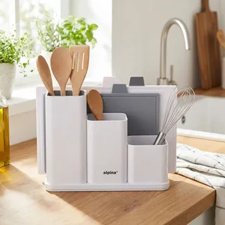 Küchenutensilienhalter inkl. Abtropflöcher mit 2 Schneidbrettern, weiss – 34 x 23 x 11,5 cm, Kitchen Organizer für aufgeräumte Arbeitsplatte