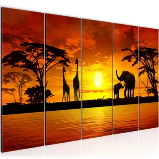 Runa Art Wandbild XXL Afrika Sonnenuntergang Wohnzimmer Schlafzimmer 200 x 80 cm Grau Orange 5 Teilig - Made in Germany - 000255a