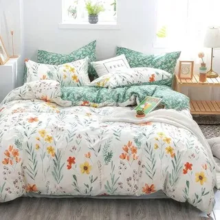 Blumen Bettwäsche 135x200 mit Reißverschluss Kissenbezug 4tlg Grün