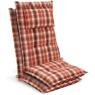 2x Gartenstuhlauflage Hochlehner 120x50x7cm, Orange-rot-grün-kariert