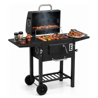 kehot Holzkohlegrill Holzkohlegrill Grillwagen mit Deckel und Grillfläche 45,5x30 cm, BBQ Grillwagen mit 2 Seitenablagen und Ablagegitter unten, Mobiler Holzkohlegrill auf Rollen für Garten Balkon und Camping, Stabiler Outdoor Grill aus lackiertem Stahl mit verchromtem Grillrost silberfarben