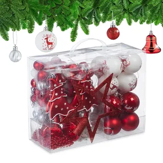 Relaxdays Weihnachtskugeln 103er Set, Kunststoff, Weihnachtsbaumdeko mit Baumkugeln, Spitze & Perlenketten, rot/weiß