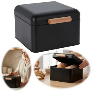 LS-LebenStil Brotkasten Vintage Brotbox Schwarz Black 20cm Metall Retro Brot Aufbewahrung, Metall, (Klapp-Deckel Küche Aufbewahrungskorb mit Holz Griff, 1-tlg., Aufbewahrungsbox Nostalgie Brotkorb zum Frischhalten)