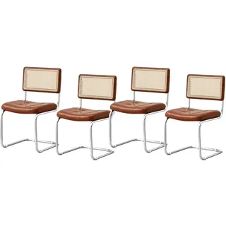 RENYUEH Rattan-Esszimmerstühle, 4er-Set, Freischwinger-Küchenstühle aus PU-Leder mit silbernen Metallbeinen und Fußpolstern, Bequeme ESS- und Freizeit-Beistellstühle für Esszimmer, Küche, Wohnzimmer