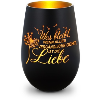 GRAVURZEILE Deko Windlicht aus Glas mit Gravur - was bleibt, wenn Alles Vergängliche geht - Trauerlicht für Teelichter und Kerzen - Grabschmuck zur Beerdigung oder als Andenken - Schwarz/Gold