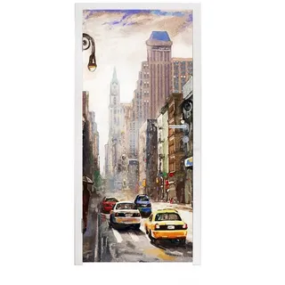 MuchoWow Türtapete Gemälde - Stadt - Auto - Öl, Matt, bedruckt, (1 St), Türfolie Selbstklebend, Türtapete, Türdeko Poster, 95x235 cm bunt 95 m x 235 m