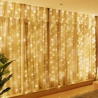 HXWEIYE 300LED Lichtervorhang Warmweiß, 3mx3m Lichterkettenvorhang USB 8 Modi LED Lichterkette mit 12 Haken Fernbedienung Timer verstellbare Helligkeit für Weihnachten Party Innen und außen Deko
