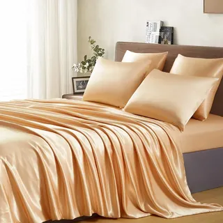 Lanqinglv Satin Bettwäsche Set 135x200 cm Gold Seide Glatt Glanzsatin Luxus Sommerbettwäsche Set Satin Polyester Uni Bettbezug mit Reißverschluss und 1 Kissenbezug 40x80cm