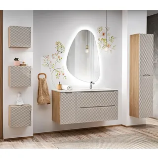 Lomadox Badezimmer Badmöbel Set 6-teilig mit 120cm Waschtisch in Eiche, Front in beige mit 3D-Oberfläche