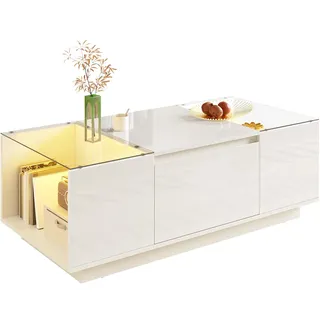 Moderner Couchtisch 105x50x35 cm mit Stauraum, LED-Beleuchtung und Glasplatte in Weiß – Mit 16 Farben, Bluetooth-Steuerung, und funktionalem Design