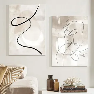 Herfair 2er Premium Poster Set, Beige Abstrakte Linie Stilvolle Wandbilder, Boho Beige Kunstposter OHNE Rahmen, Print Bilder Wandposter Home Deko (50x70cm)