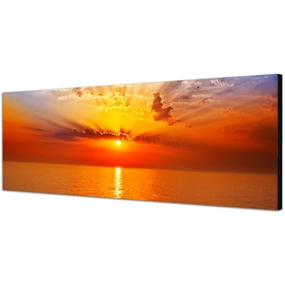 Wandbild auf Leinwand ( Leinwandbild ) als Panorama in 120x40 cm Wunderschöner Sonnenuntergang am Meer mit tollen warmen rötlichen Farben, Wolken Sonnenaufgang. Sonne spiegelt sich im Wasser!