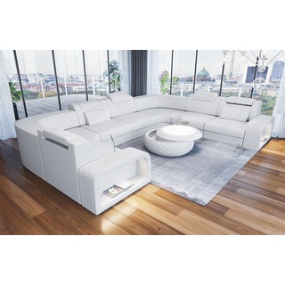 Sofa Dreams Wohnlandschaft Ledersofa Couch Foggia U Form Leder Sofa, mit LED, verstellbare Kopstützen, Designersofa weiß