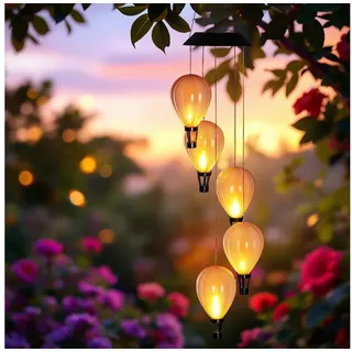 Spetebo LED Dekolicht Solar LED Windspiel mit 5 beleuchteten Heißluftballons - 82 cm, Solar betrieben, LED fest integriert, warm weiß, warm weiß mit Flammeneffekt