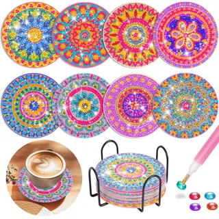 Jovicos Basteln Mädchen 6 7 8 9 10 Jahre, 8 STK Diamond Painting Untersetzer mit Halter, 5D Diamond Painting Kinder Erwachsene Art Mandala, Geschenke für Mädchen Kindergeburtstag Bastelset