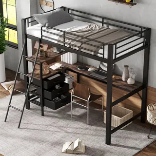 Eisenbett, Etagenbett,  Geeignet Für Kinder Und Heranwachsende,  Drei Schubladen, Mit 2m Langer Tisch, Schräge Leiter Mit Vier Stufen, Eisen+spanplatte, Schwarz+dunkle Walnuss, 90x200cm