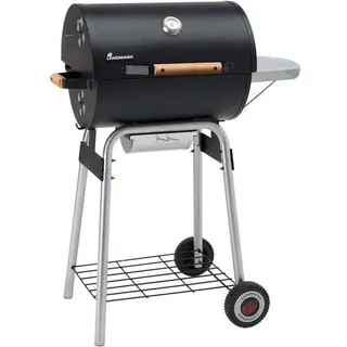 LANDMANN Holzkohlegrillwagen Black Taurus 440 Temperaturanzeige im Deckel Grillrost Emailliert 2-teilig Warmhalterost Höhenverstellbar Seitentisch - Schwarz