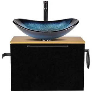 Puluomis Badezimmer-Set Waschbeckenunterschrank 60cm mit Waschbecken, (mit Handtuchring, Klopapierhalter) blau|schwarz