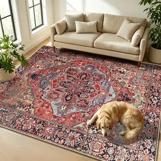 WUTONG Teppich Wohnzimmer 140x200 cm Waschbar rutschfest Kurzflor,Perfekt für Studentenzimmer Kleine Wohnung und Unter Couchtisch,Vintage Roter Orientteppich Retro