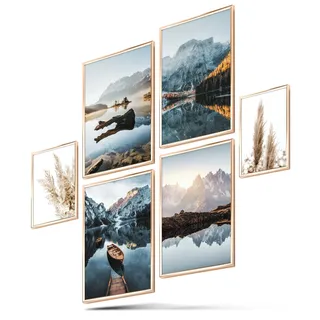 BLCKART Dreamy Mountains Poster Set – Berge, Seen & Pampasgras Wandbilder in Beige Blau für Wohnzimmer & Schlafzimmer (4x A3 | 2x A4 | ohne Rahmen)