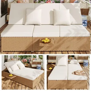 Outdoor Gartenliege Doppelbett Rattan Liegeinsel Rattan Sofa Wetterfest Klappbar mit Weißen Kissen Gartenmöbel für Lounge Balkon und Garten - Weiß