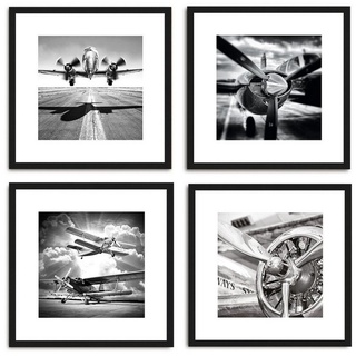 artissimo Bild mit Rahmen Design-Poster-Set mit Rahmen 4x30x30cm Bilder-Set gerahmt schwarz-weiß, Schwarz-Weiß Fotos: Flugzeuge schwarz