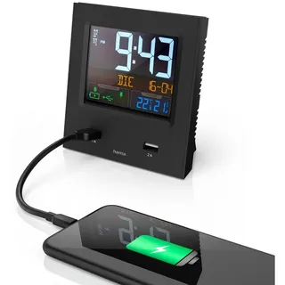 Hama Funkwecker Dual-USB Funkwecker DCF Funk Wecker Digital Funkuhr lautlos Dual Alarm Clock Datum Temperatur-Anzeige Ladegerät schwarz