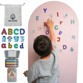 Miloow Magnettafel Kinder 100x60 Selbstklebende Magnetwand & Magnetfolie fürs Kinderzimmer Montessori Lernspiel mit Stiften, Tier- & Buchstabenmagneten (Light Pink)