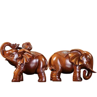 Fyrdyn Holzelefant Figur | Handgeschnitzte Holz Elefanten Statue - 1 Paar Wohnaccessoire Deko Skulptur Für Tisch Schreibtisch