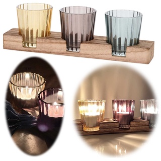 LS-LebenStil Retro Holz Teelichthalter geflammt 3 Teelichtgläser Multi-Colour 23cm Gelb Grau Windlicht Kerzen-Tablett