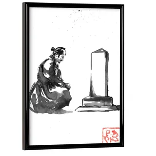 artboxONE Poster mit schwarzem Rahmen 18x13 cm Schwarzweiß Trauernder Samurai - Bild Samurai Grab Japan