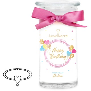 JuwelKerze Happy Birthday Armband Silber - Schmuckkerze - große Duftkerze mit Süßem Duft - weiße Kerze mit Schmuck Überraschung Geburtstag