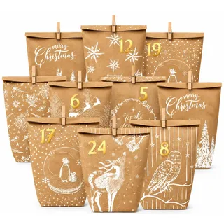 Adventskalender zum Befüllen, 24 Papier Adventskalender Tüten zum Selbstbefüllen mit Zahlenaufkleber, Holzklammern & Juteseil, DIY Weihnachtskalender zum Basteln – 8 Motive, Weihnachts-Deko