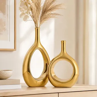 XMGZQ Vase Gold, Tischdeko, Wohnzimmer Deko, Große Blumenvase, Keramik Tischdekoration 2 Stück, Herbstdeko, Schlafzimmer und Büro Deko