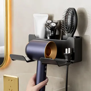 Föhnhalter Haartrocknerhalter Universal Föhn Halterung Wand Ohne Bohren Selbstklebend Haartrocknerständer Glätteisenhalter mit Steckerhalter Aufbewahrung für Bad Barbershop Hotel