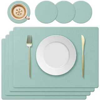 KERYCHIN 4 Platzset aus Silikon + 4 Rund Untersetzer Set, mit rutschfest Blattmuster, Hitzebeständig 230°C, Abwaschbar Tischset für Küche, Zuhause, Restaurant, Speisetisch, 40x30cm, Hellgrün