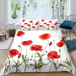 Bettwäsche 135x200 3 teilig Soft Microfaser Bettwäsche Set Rote Mohnblumen Und Weiß Muster Bettbezug mit Reißverschluss und 2 Kissenbezug 80x80 cm für Kinder und Erwachsene
