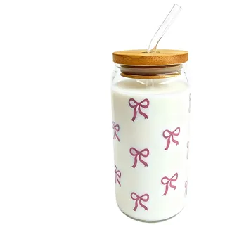 Gläser mit Schleifen-Design, transparent, 500 ml, Getränkebecher mit Strohhalm für Erfrischungen, Trinkgeschirr-Zubehör, Glasbecher mit Deckel, Trinkgefäß für Zuhause, Büro und Party, 15,2 cm