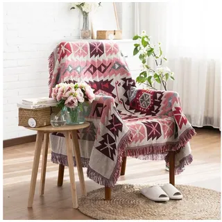 Wohndecke Boho Thread Sofadecke mit Quaste, Geometrisch, Sofaschoner, Sunicol, Stil Wendedecke, Baby-Decke, für Zuhause,Büro,Reisen, Zelten rot 180 cm