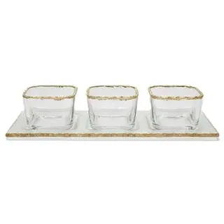 4er Glasschalen-Set mit Goldrand und Tablett - quadratische Dipschalen, 73 ml