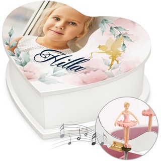 Maverton personalisierte Musikschmuckdose in Herzform mit Aufzieh-Spieluhr - Schmuckkästchen Ballerina Spieldose - Herz Schmuckkiste für Mädchen zur Taufe Erstkommunion - zu Weihnachten - Elfe