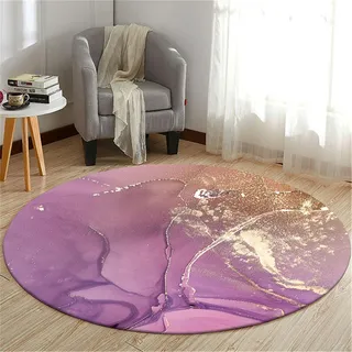Highdi Teppich Rund Modern rutschfest Waschbar Schlafzimmer Teppiche, Innenbereich Marmor Muster Polyester Runder Teppich fürs Wohnzimmer Flur Kinderzimmer Büro (140cm,Lila elegant)