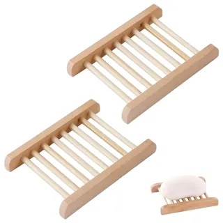 2er Set Seifenschale Holz mit Ablauf, Seifenhalter für Bad und Dusche, Seifenablage Waschbecken aus Naturholz, Nachhaltige Seifenschalen für Feste Seife & Shampoo, 11,7 x 8,5 x 1,7 cm
