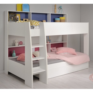 Parisot Etagenbett TamTam (Kinder Hochbett 90x200 in weiß, kein zusätzliches Lattenrost erforderlich), inklusive Bettschubkasten, Rückwände rot oder balu