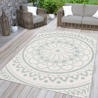 In-& Outdoorteppich Wetterfest Garten Orientalisches Marokkanisches Boho Design, Farbe: Türkis Weiß, Größe:80x150 cm